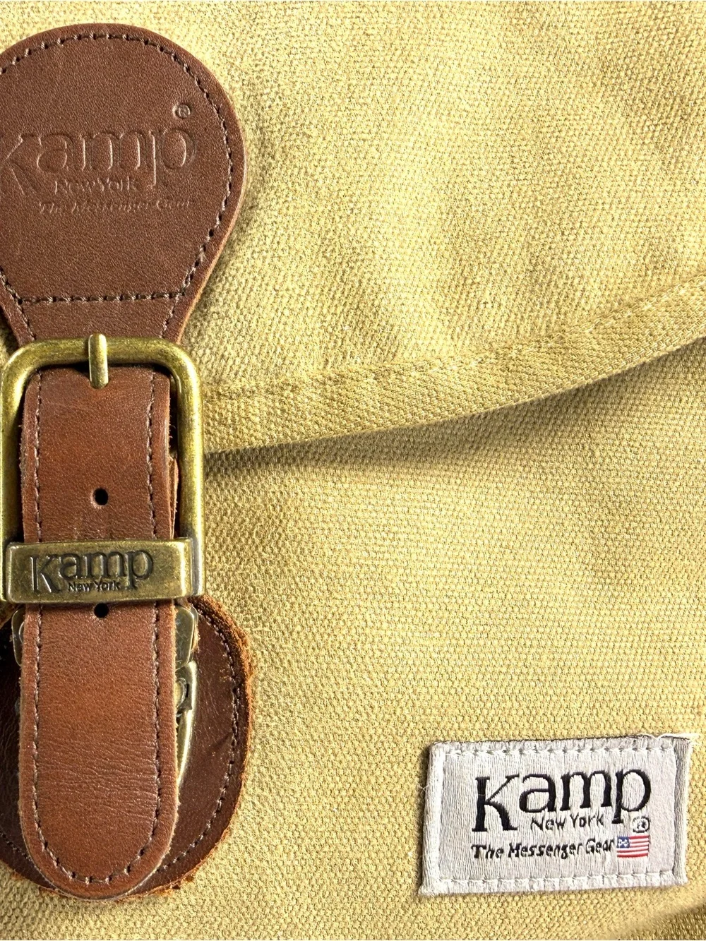 Kamp Canvas Messenger Bag in Khaki with Brown Leather Trim